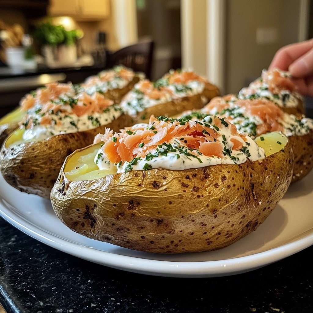 Loaded Baked Potatoes with Herb Cream and Smoked Salmon