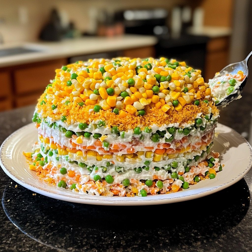 Festive Layered Salad with Corn and Peas